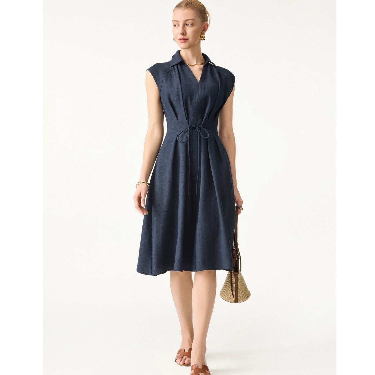 Ogl Denim Navy Blue Viscose Linen Pleated Tie Front V Neck Collard Midi Dress M